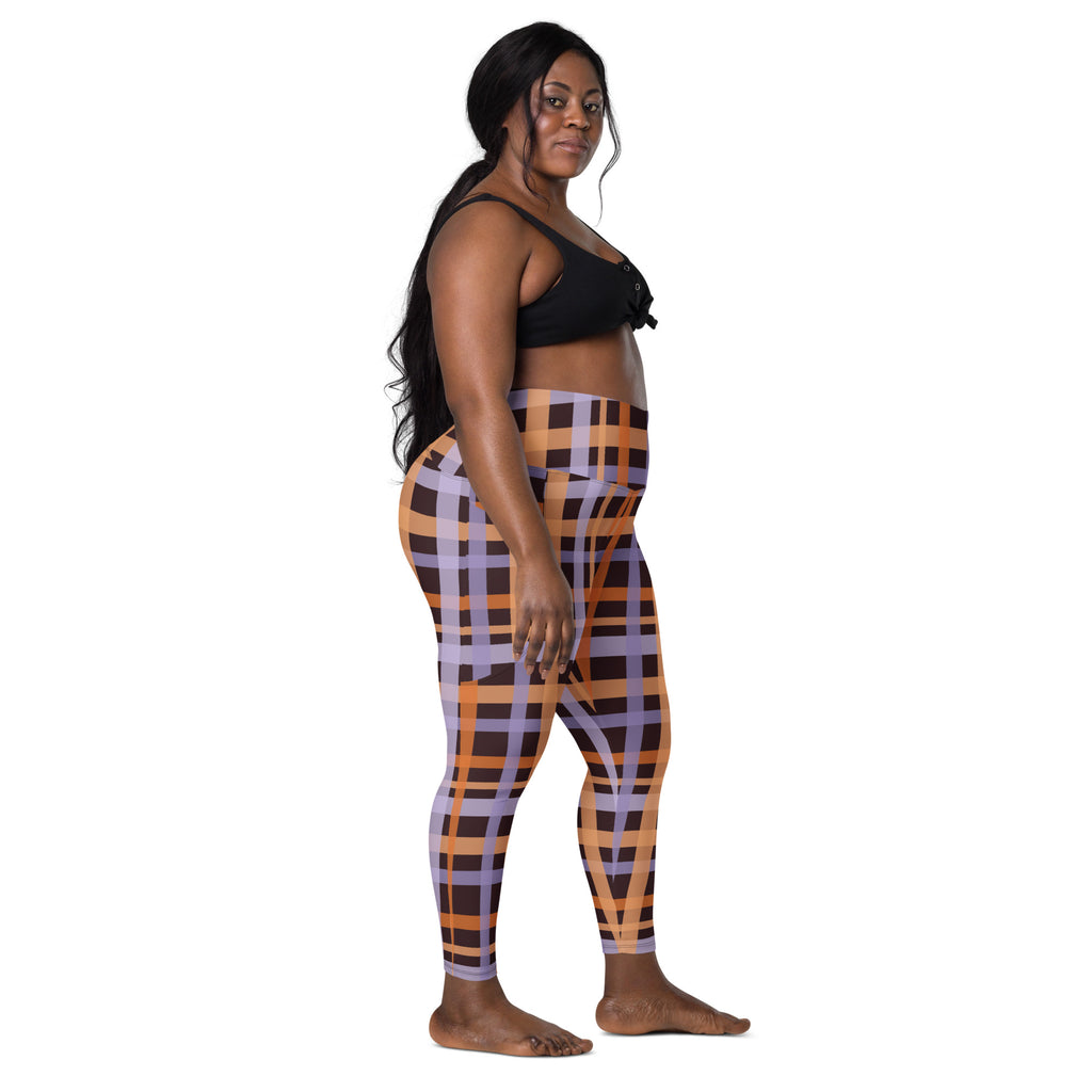 Women’s Orange Purple Plaid Halloween Yoga Leggings With Pockets – High-Waisted, Soft Compression Active Pants