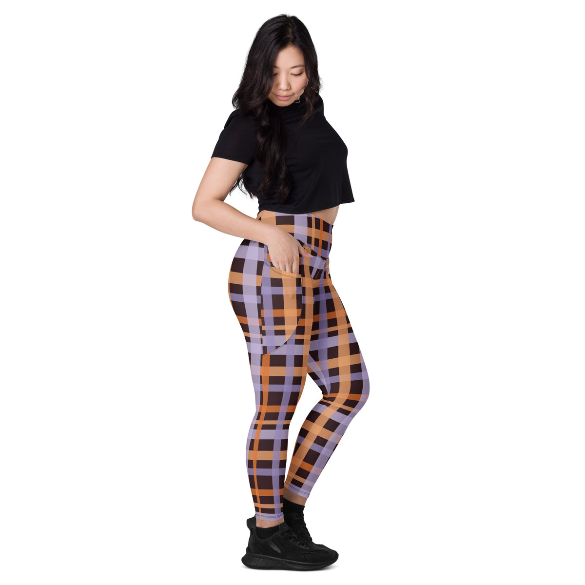 Women’s Orange Purple Plaid Halloween Yoga Leggings With Pockets – High-Waisted, Soft Compression Active Pants