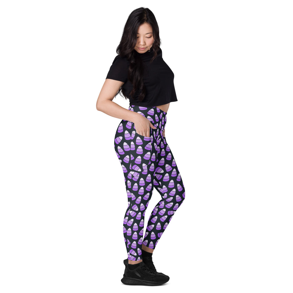 Women’s Purple Candy Corn Halloween Yoga Leggings With Pockets – High-Waisted, Soft Compression Active Pants