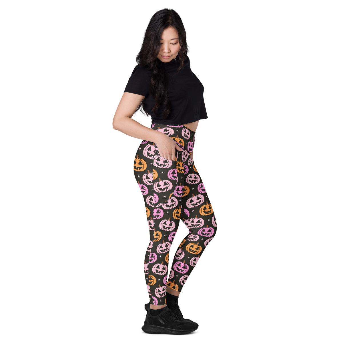 Women’s Pink Pumpkin Halloween Yoga Leggings With Pockets – High-Waisted, Soft Compression Active Pants