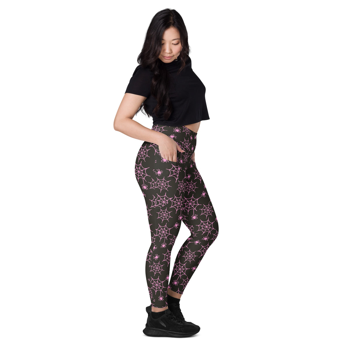 Women’s Pink Spider Web Halloween Yoga Leggings With Pockets – High-Waisted, Soft Compression Active Pants
