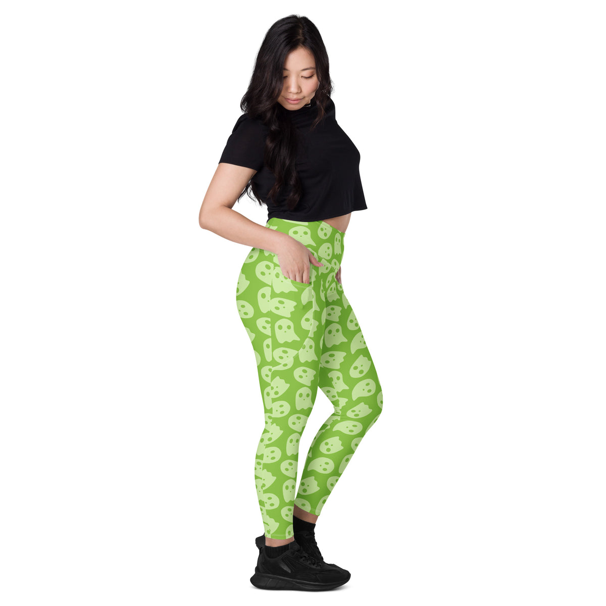 Women’s Green Ghost Halloween Yoga Leggings With Pockets – High-Waisted, Soft Compression Active Pants