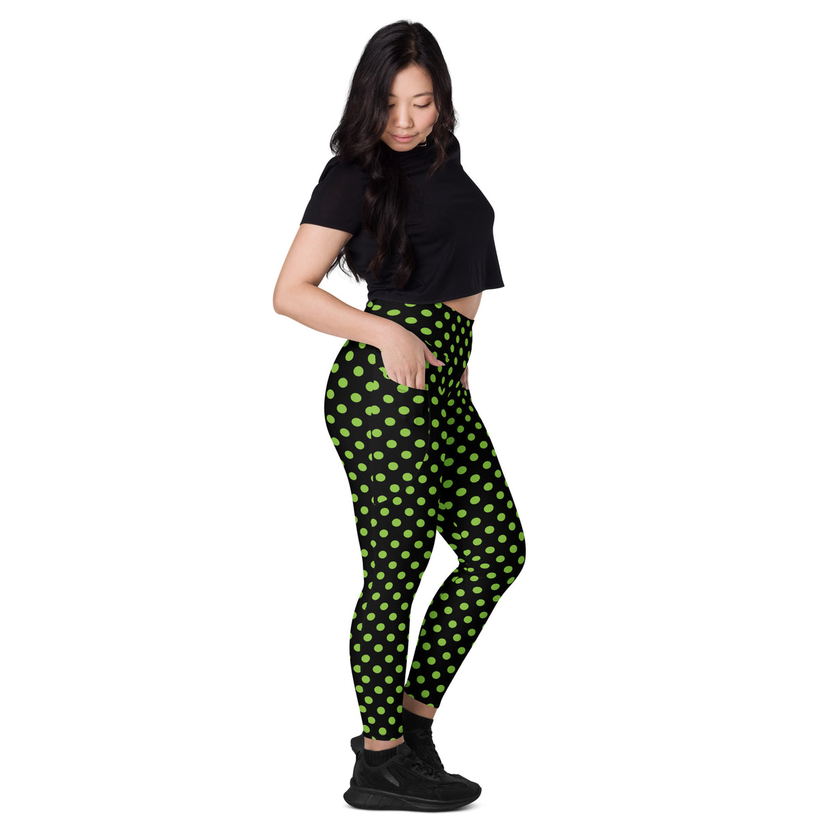 Women’s Green Polka Dot Halloween Yoga Leggings With Pockets – High-Waisted, Soft Compression Active Pants