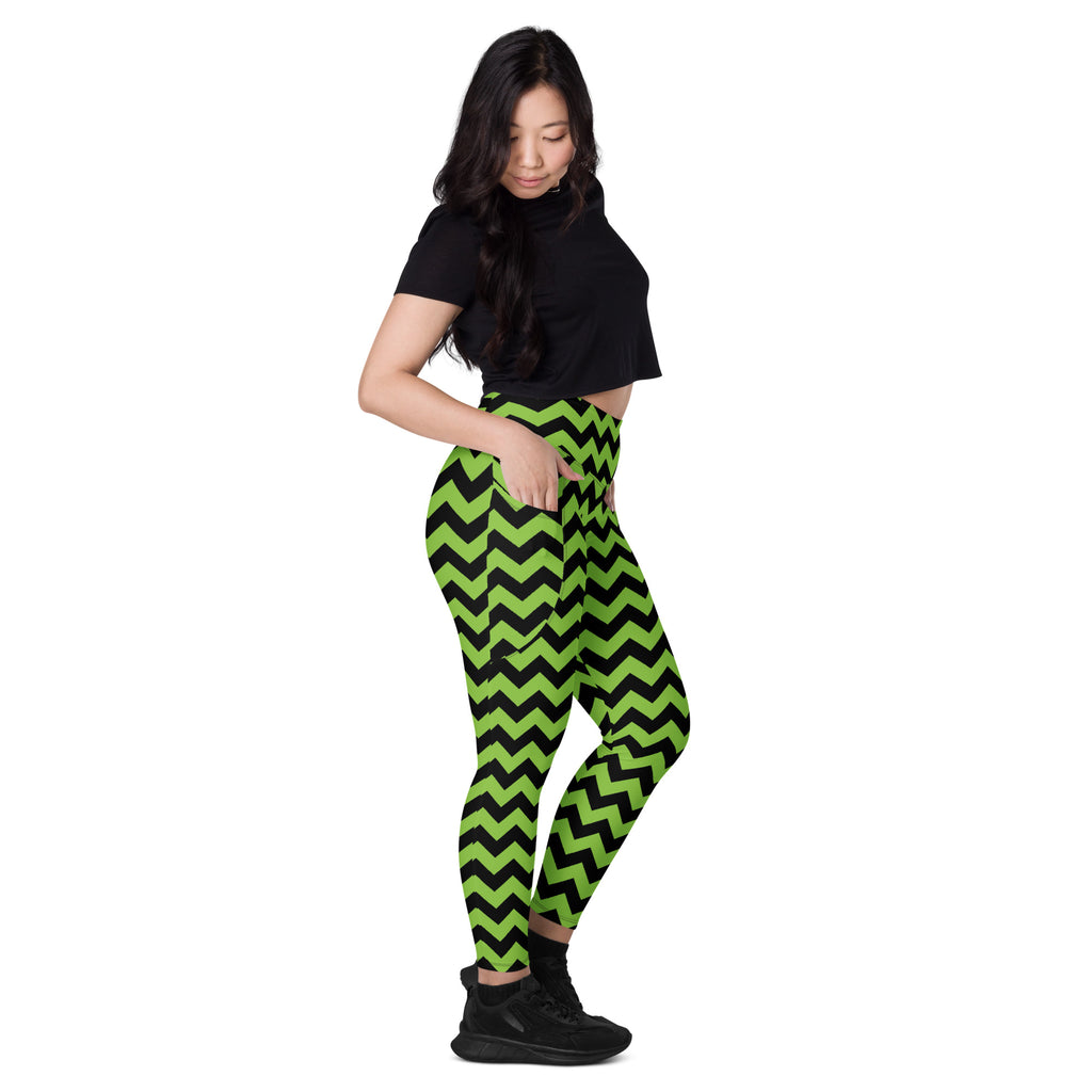 Women’s Green Chevron Halloween Yoga Leggings With Pockets – High-Waisted, Soft Compression Active Pants