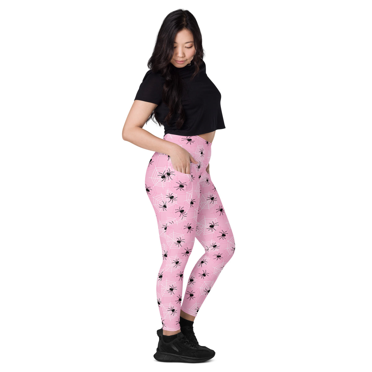 Women’s Pink Spider Web Halloween Yoga Leggings With Pockets – High-Waisted, Soft Compression Active Pants
