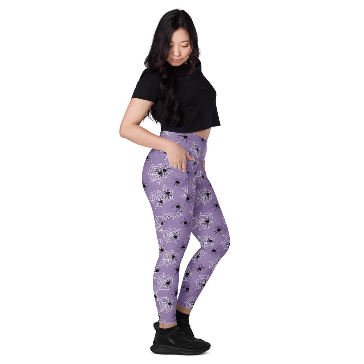 Women’s Dark Purple Spider Web Halloween Yoga Leggings With Pockets – High-Waisted, Soft Compression Active Pants