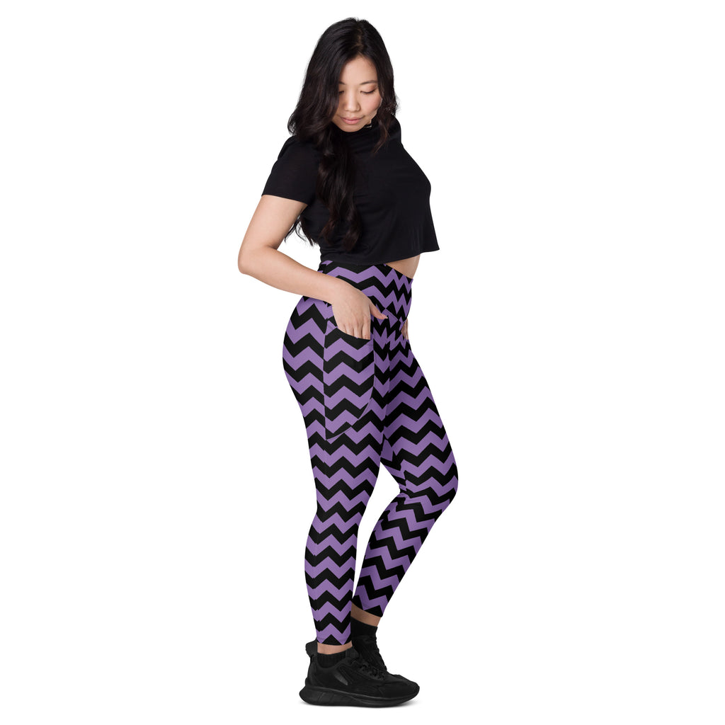 Women’s Dark Purple Chevron Halloween Yoga Leggings With Pockets – High-Waisted, Soft Compression Active Pants