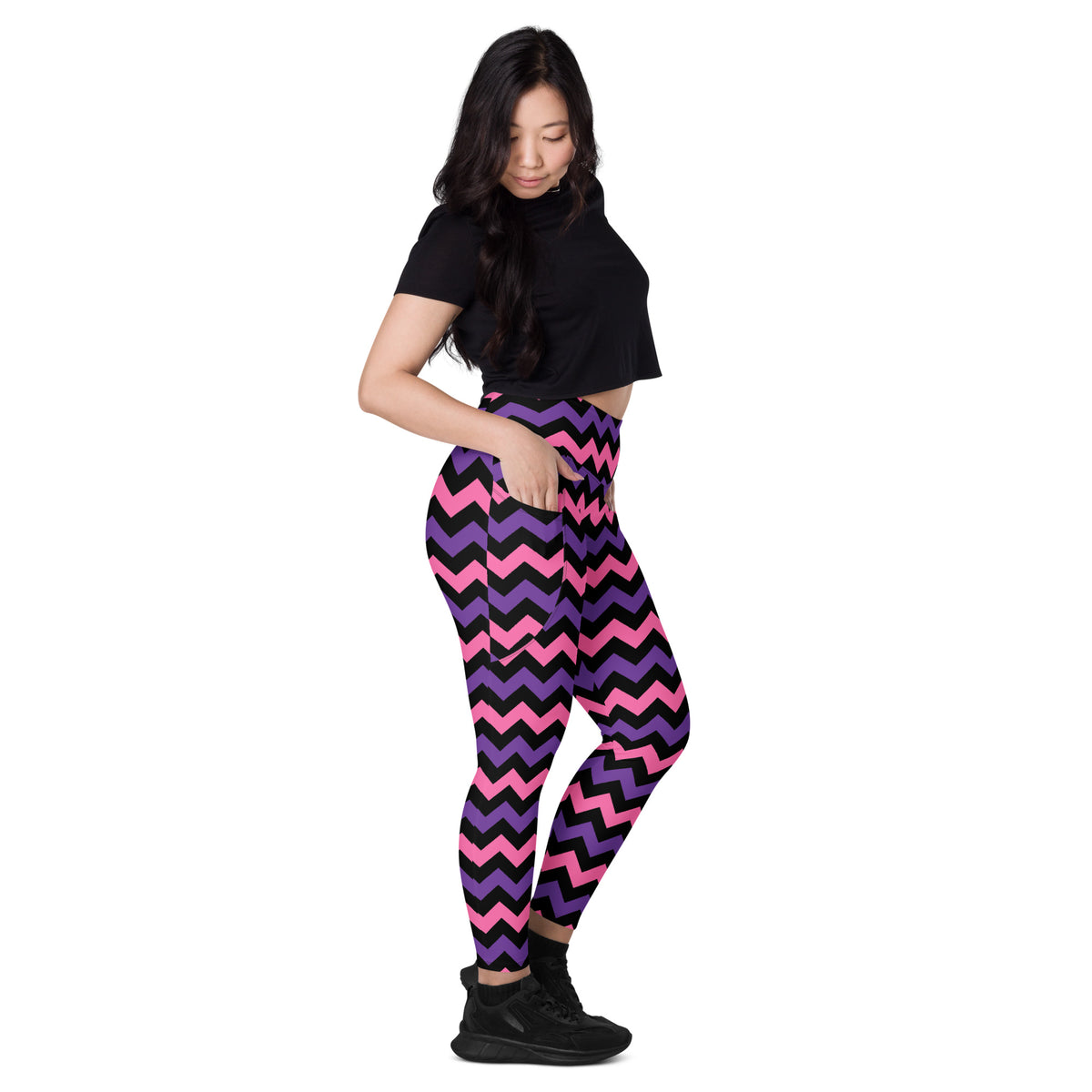 Women’s Pink & Purple Chevron Halloween Yoga Leggings With Pockets – High-Waisted, Soft Compression Active Pants