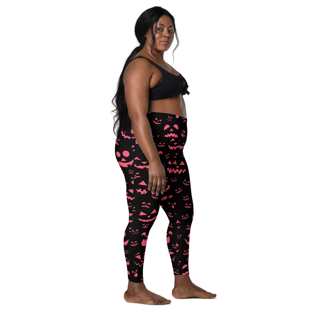 Women’s Pink Jack O’ Lantern Faces Halloween Yoga Leggings With Pockets – High-Waisted, Soft Compression Active Pants