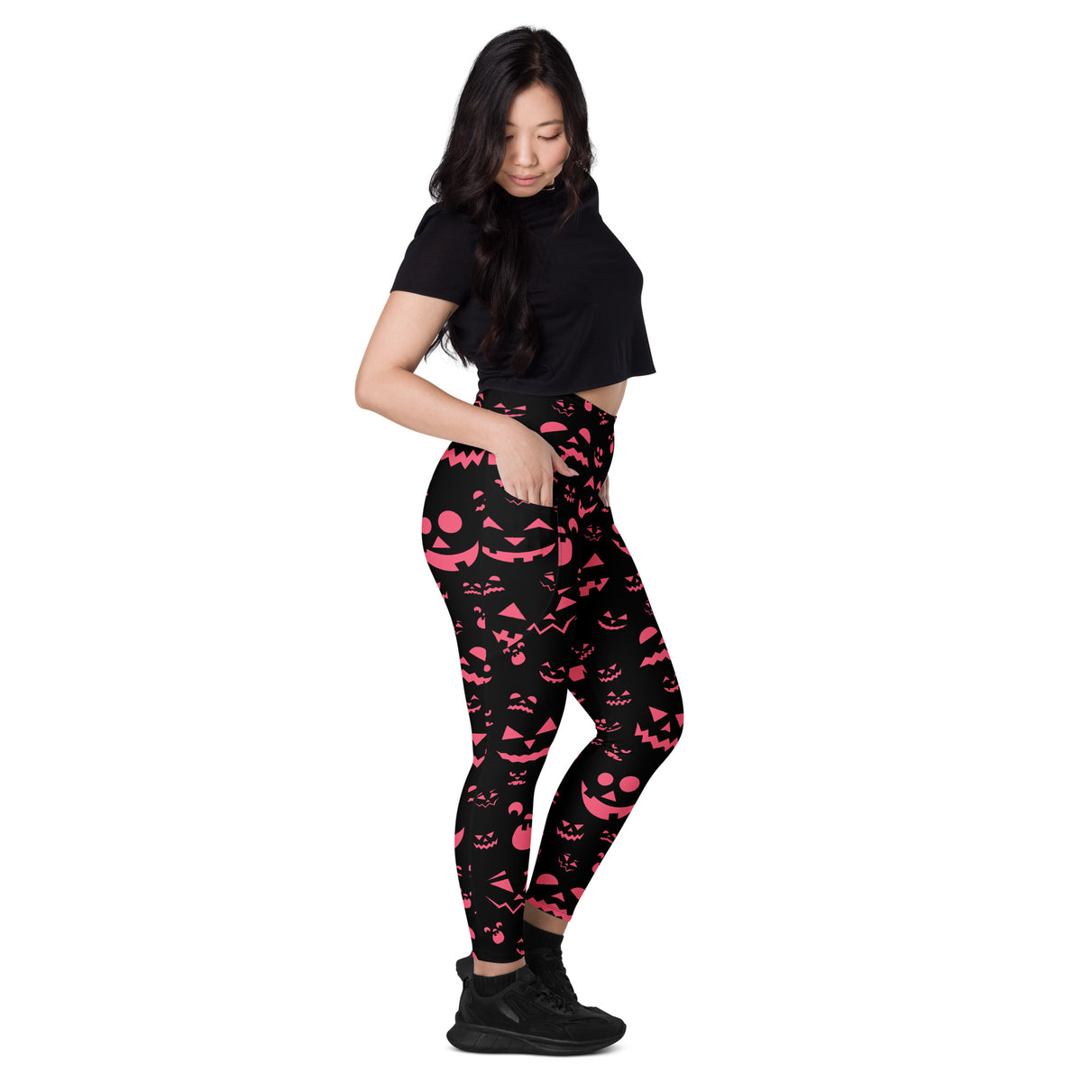 Women’s Pink Jack O’ Lantern Faces Halloween Yoga Leggings With Pockets – High-Waisted, Soft Compression Active Pants