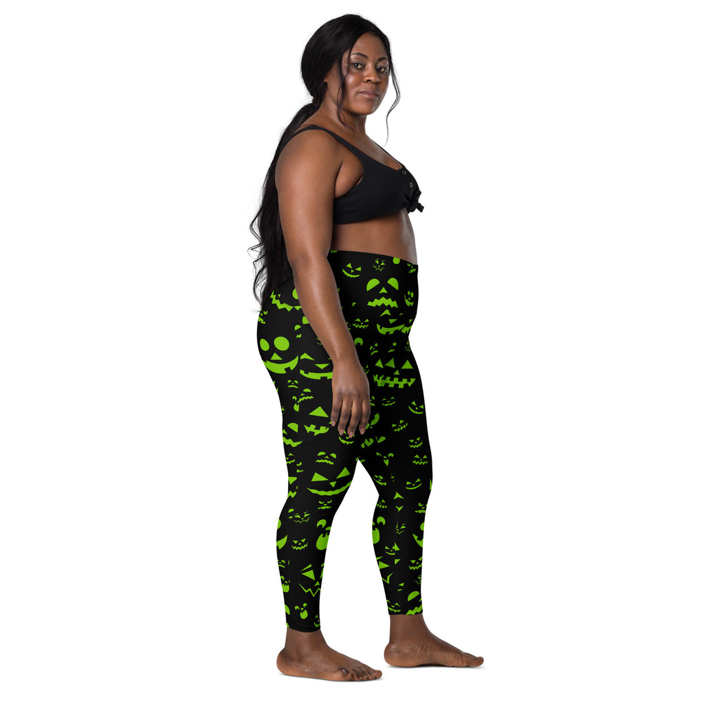 Women’s Green Jack O’ Lantern Faces Halloween Yoga Leggings With Pockets – High-Waisted, Soft Compression Active Pants
