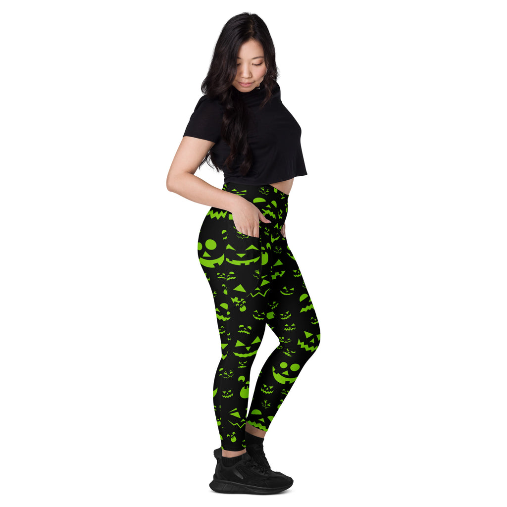 Women’s Green Jack O’ Lantern Faces Halloween Yoga Leggings With Pockets – High-Waisted, Soft Compression Active Pants