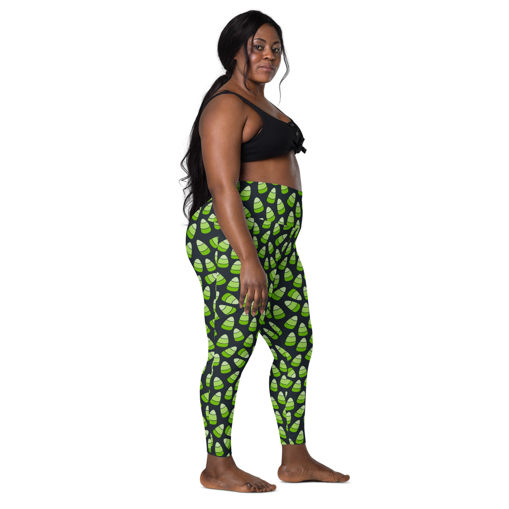 Women’s Green Candy Corn Halloween Yoga Leggings With Pockets – High-Waisted, Soft Compression Active Pants