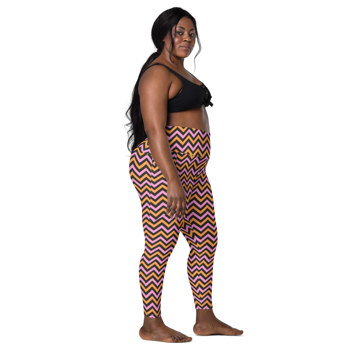 Women’s Pink & Orange Chevron Halloween Yoga Leggings With Pockets – High-Waisted, Soft Compression Active Pants