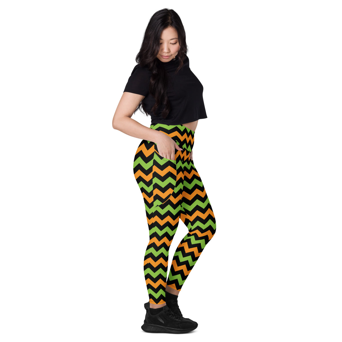 Women’s Orange & Green Chevron Halloween Yoga Leggings With Pockets – High-Waisted, Soft Compression Active Pants