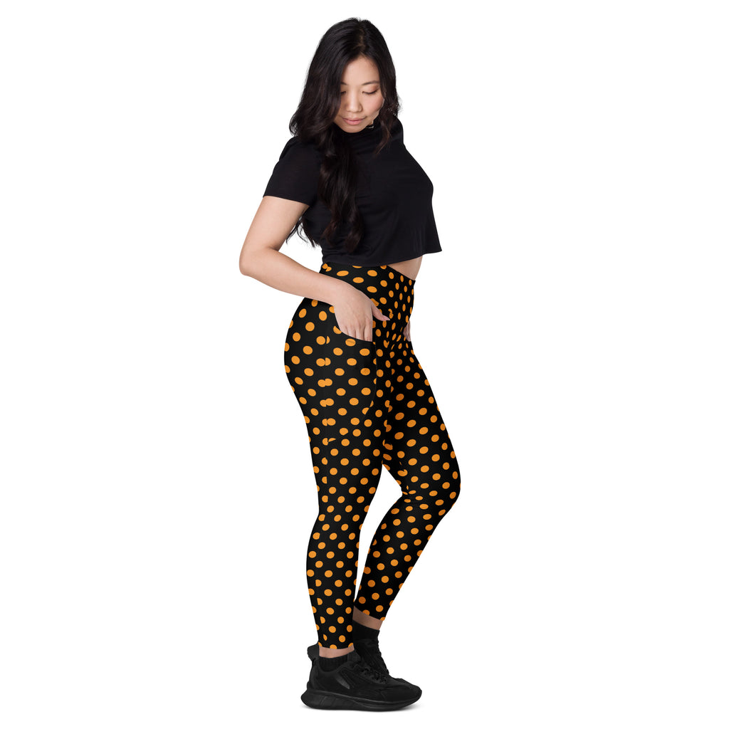 Women’s Orange Polka Dot Halloween Yoga Leggings With Pockets – High-Waisted, Soft Compression Active Pants
