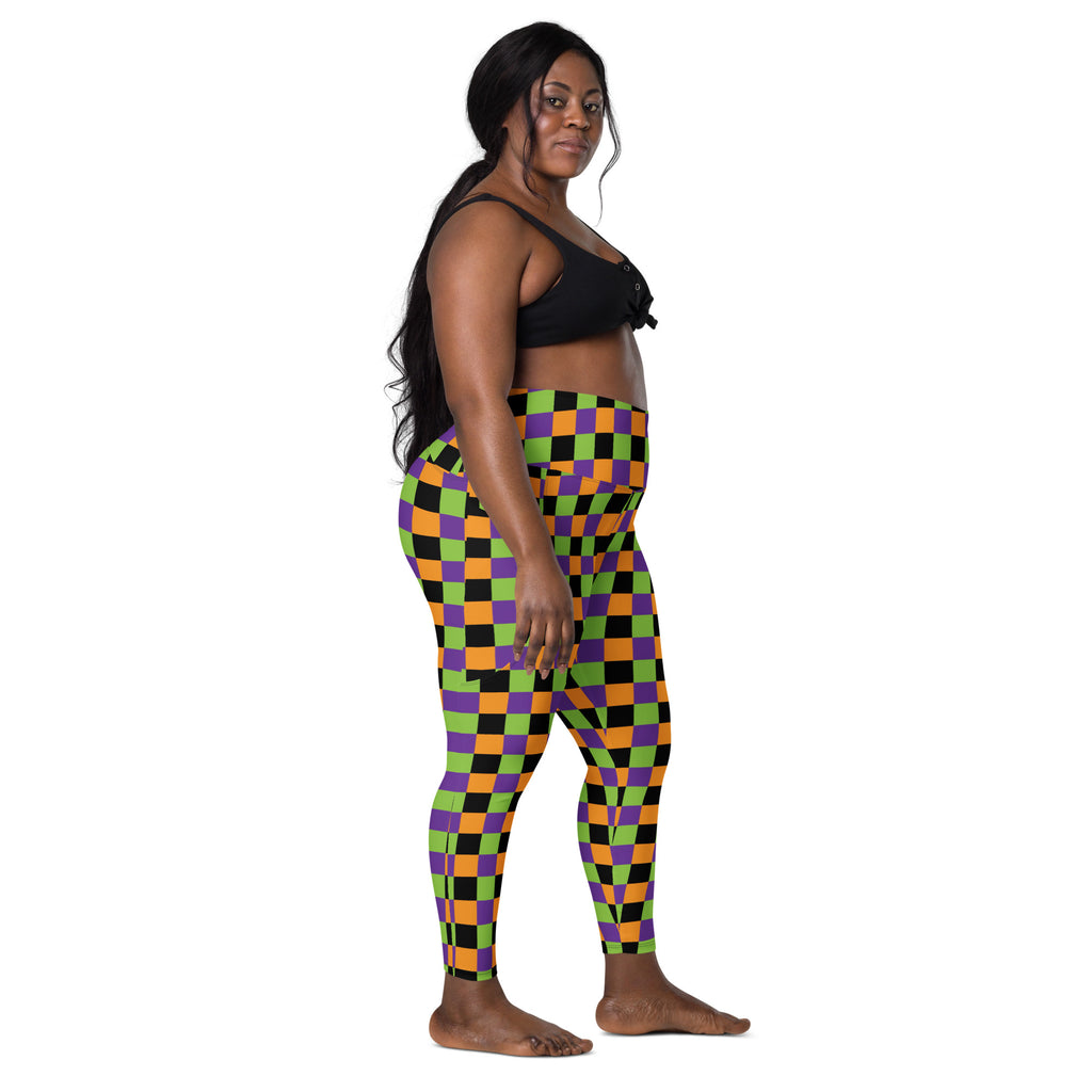 Women’s Colorful Checkered Halloween Yoga Leggings With Pockets – High-Waisted, Soft Compression Active Pants