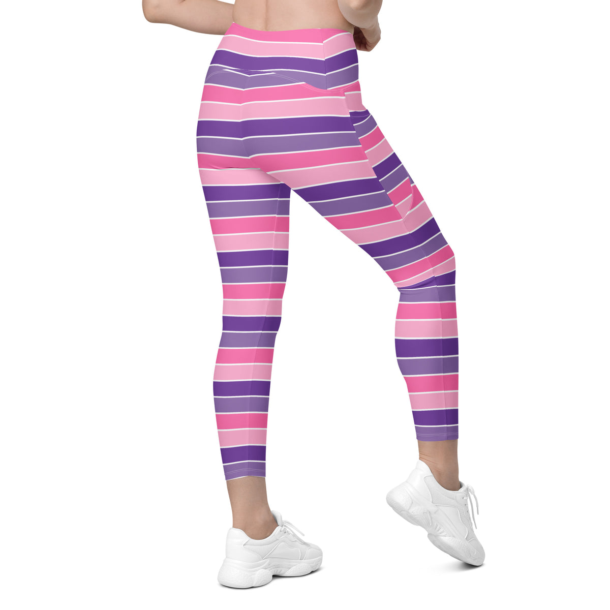 Women’s Pink & Purple Striped Yoga Leggings With Pockets – High-Waisted, Soft Compression Active Pants
