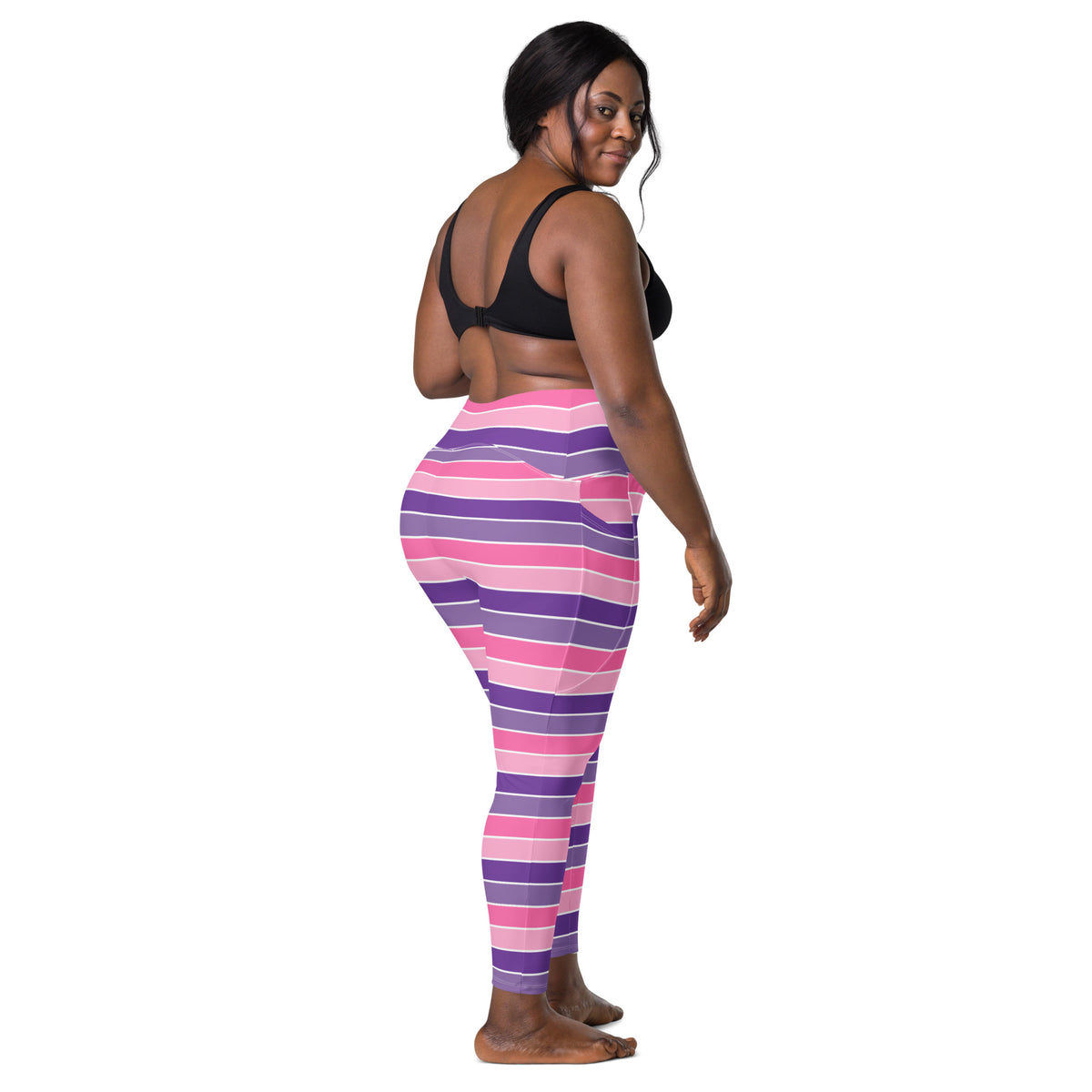 Women’s Pink & Purple Striped Yoga Leggings With Pockets – High-Waisted, Soft Compression Active Pants
