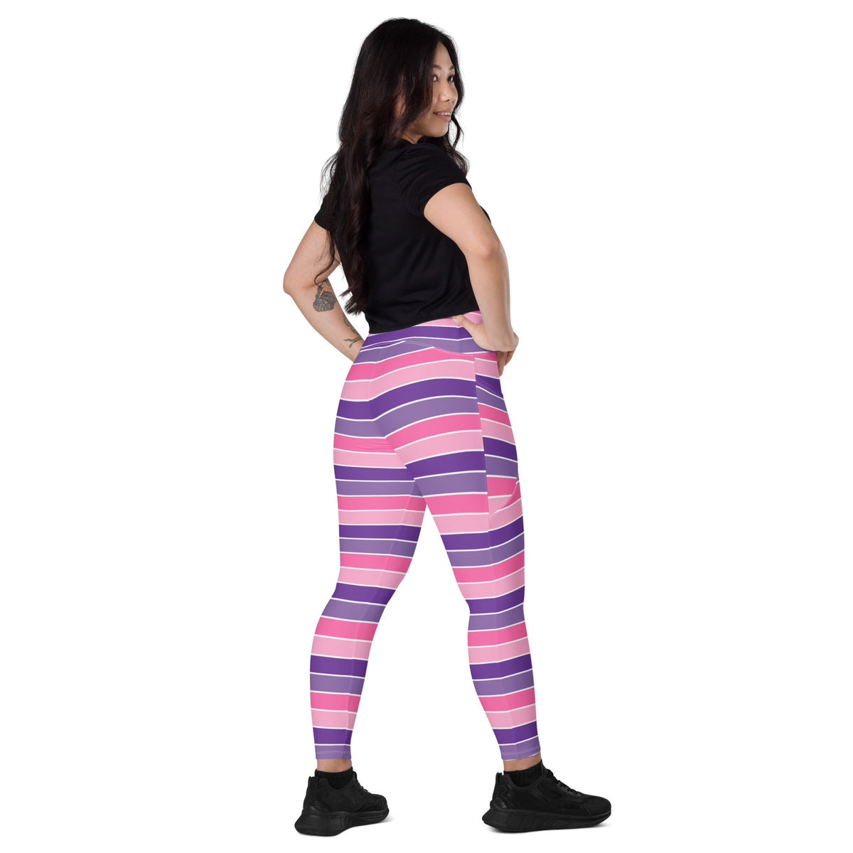 Women’s Pink & Purple Striped Yoga Leggings With Pockets – High-Waisted, Soft Compression Active Pants