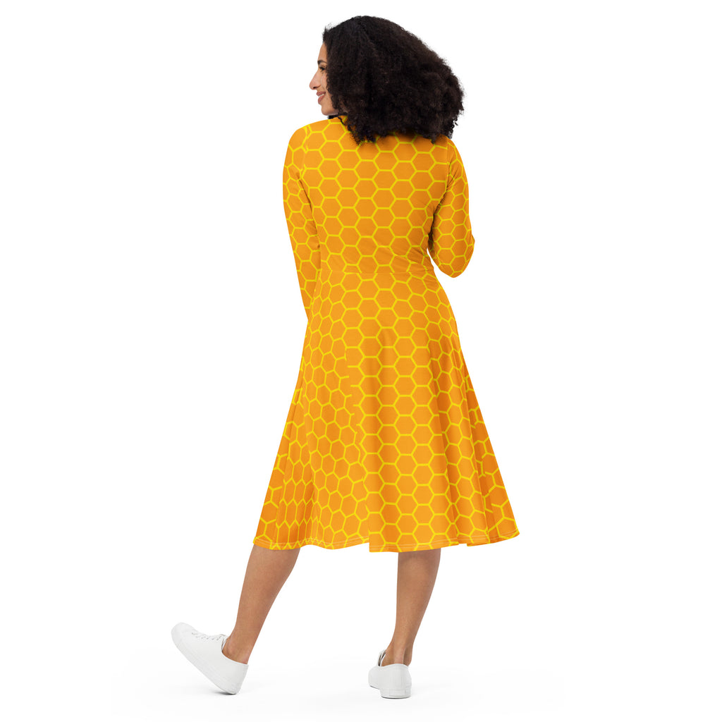 Women's Honeycomb Long Sleeve Midi Dress With Pockets