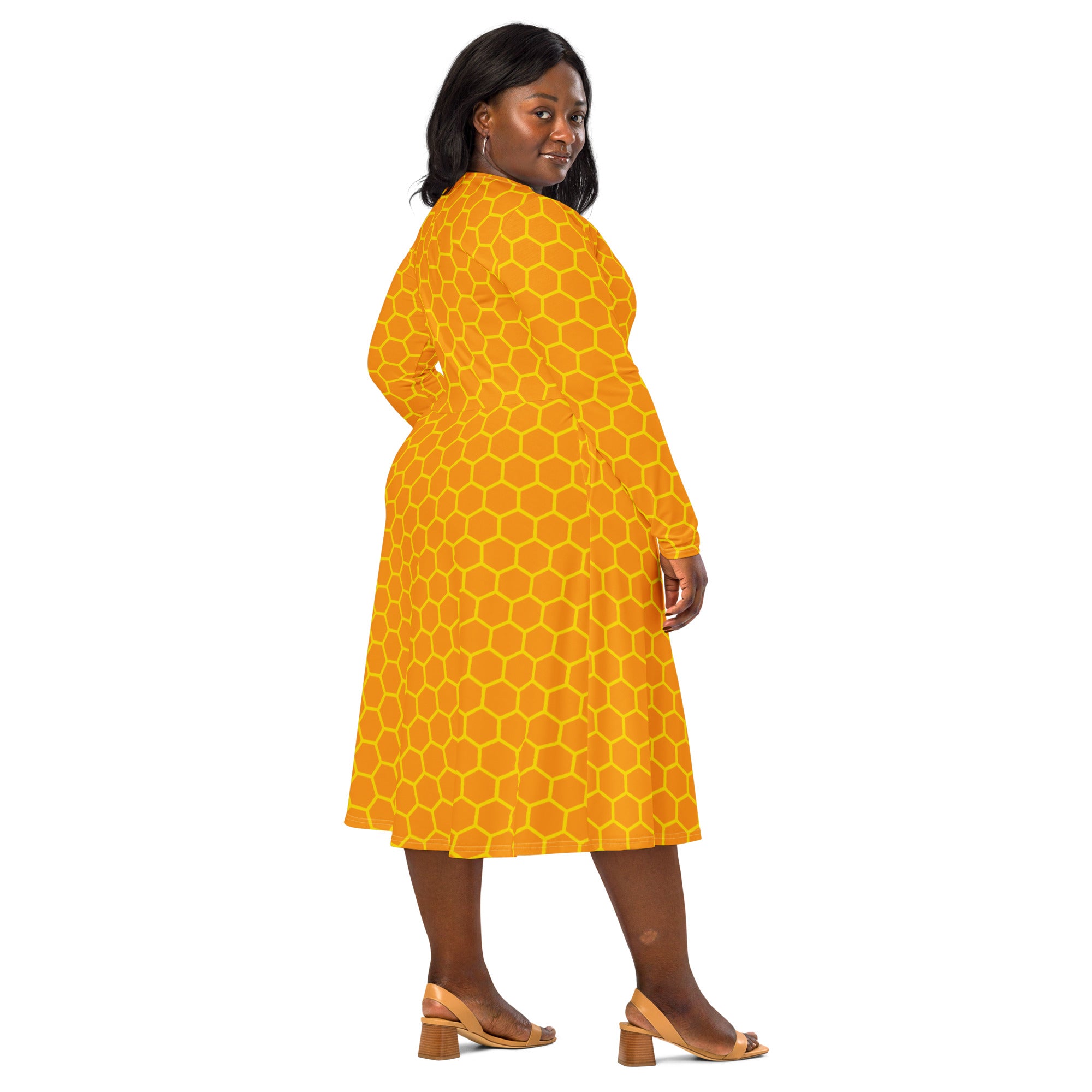 Women's Honeycomb Long Sleeve Midi Dress With Pockets