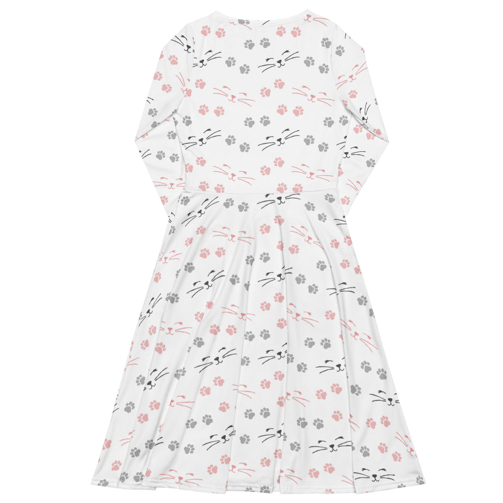 White long sleeve midi dress with pink and gray cat paw print pattern and pockets for women