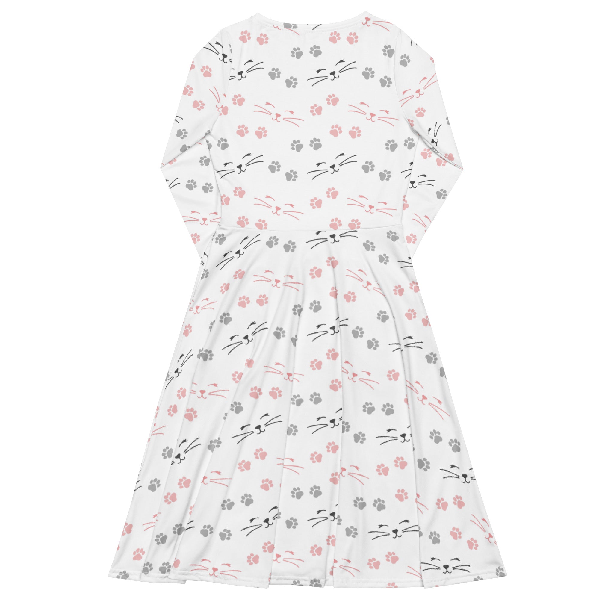 White long sleeve midi dress with pink and gray cat paw print pattern and pockets for women