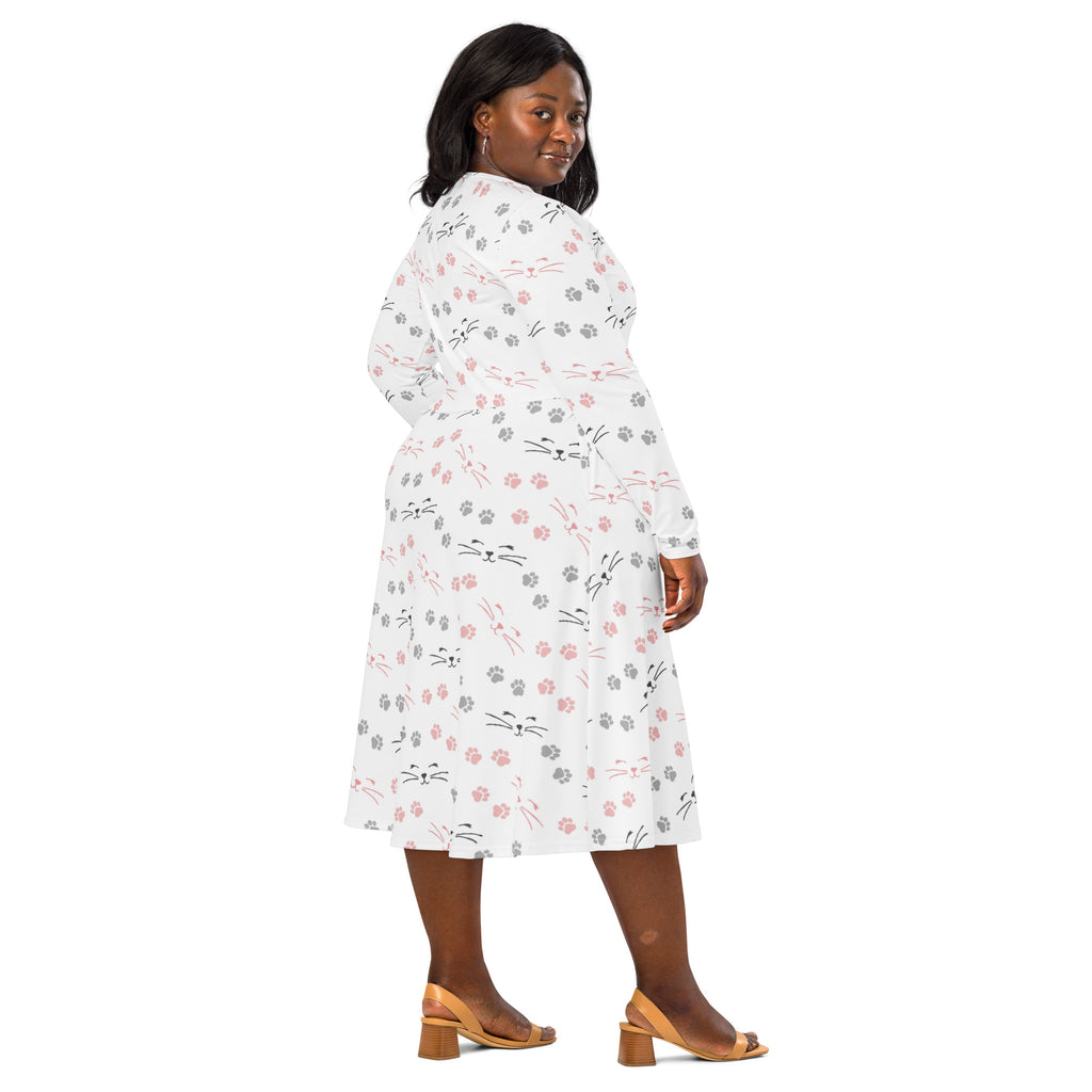White midi dress with long sleeves featuring pink and gray cat faces paw prints and pockets for women