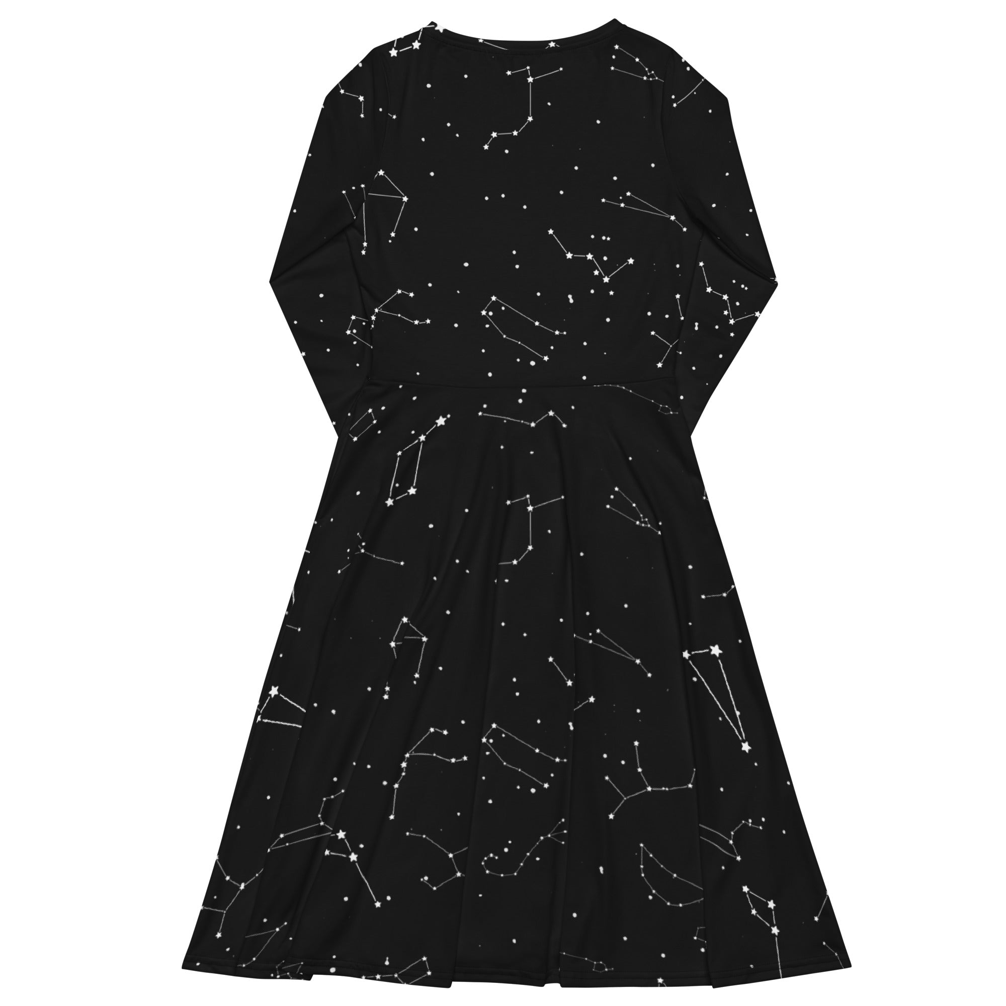 Women’s black long sleeve midi dress with white realistic constellation print and pockets on soft fabric