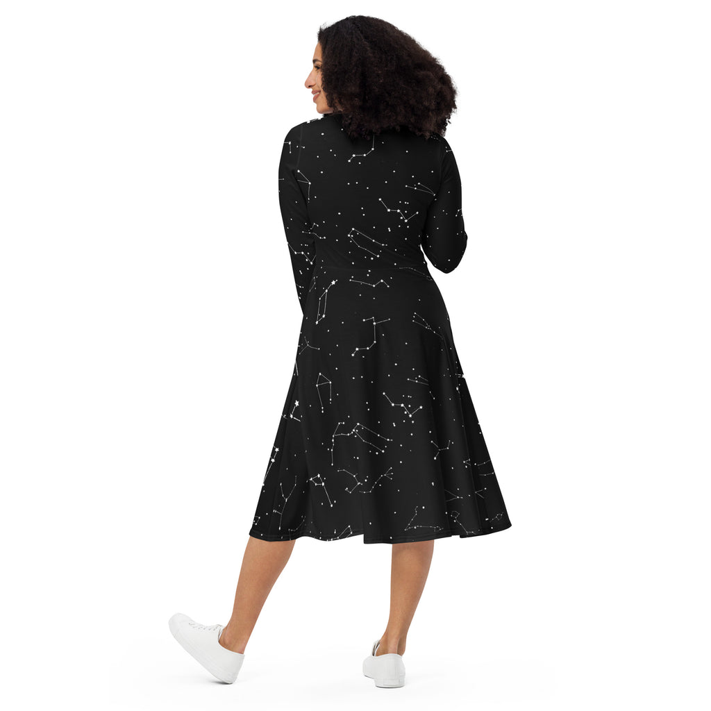 Women’s black midi dress with white realistic constellation pattern long sleeves and pockets front view