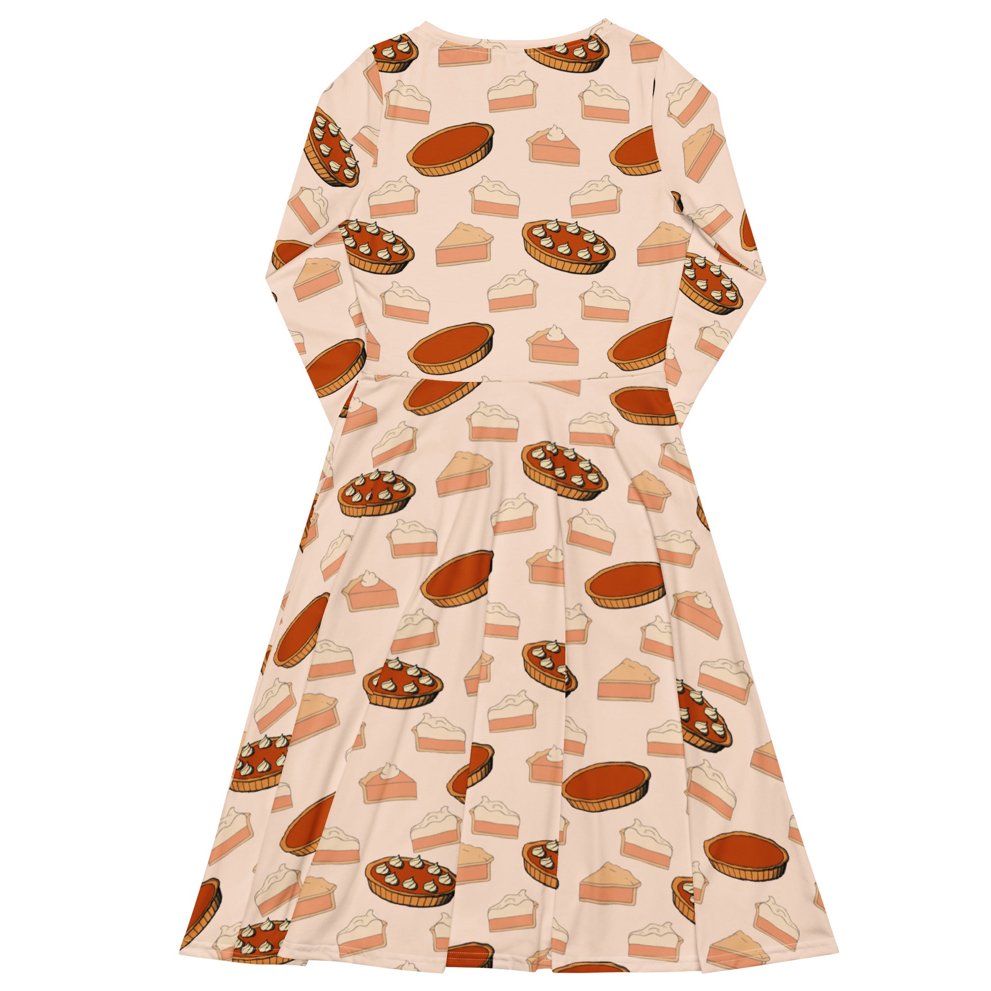 Women’s pumpkin pie thanksgiving long sleeve midi dress in soft peach with all-over illustrated pie print and pockets