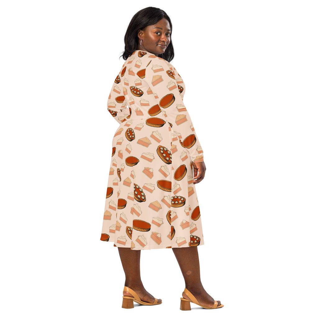 Women’s long-sleeve midi wrap dress in soft beige with illustrated pumpkin pie print and pockets for thanksgiving wear