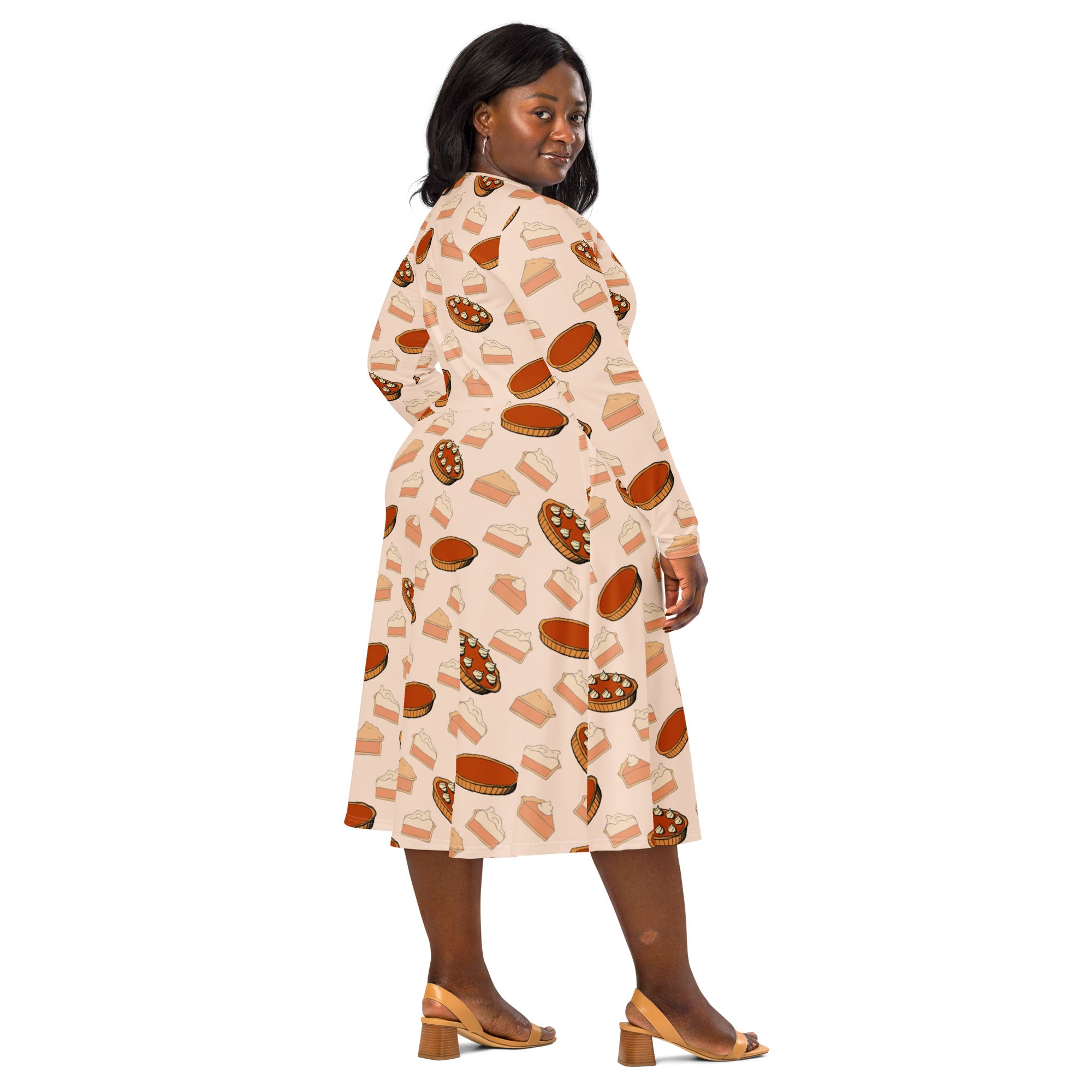 Women’s long-sleeve midi wrap dress in soft beige with illustrated pumpkin pie print and pockets for thanksgiving wear
