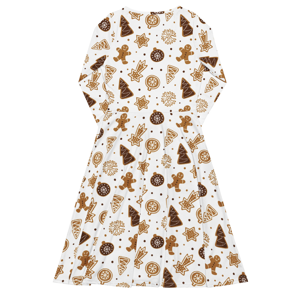 Women’s white long sleeve midi christmas dress with brown gingerbread men trees stars and pockets