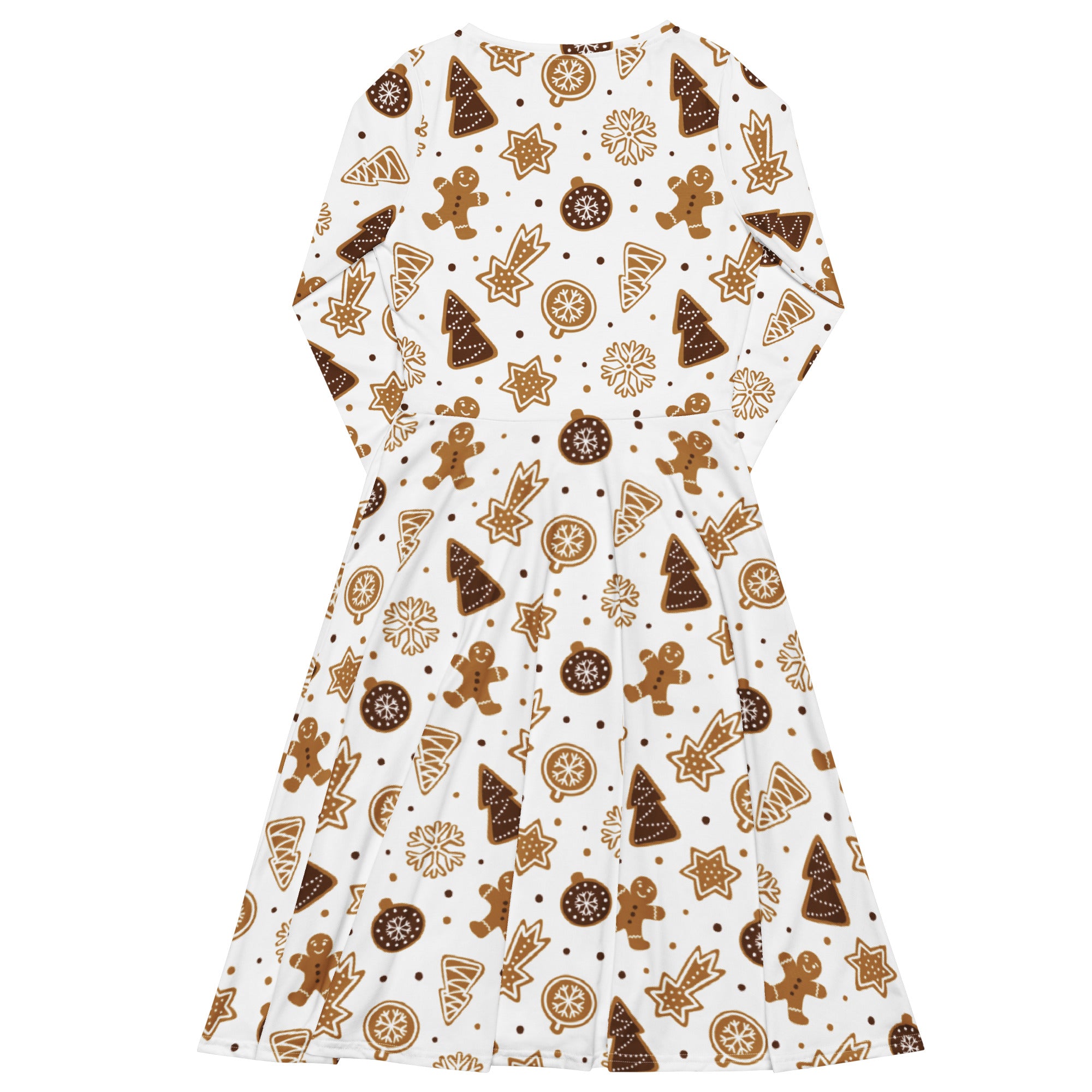 Women’s white long sleeve midi christmas dress with brown gingerbread men trees stars and pockets