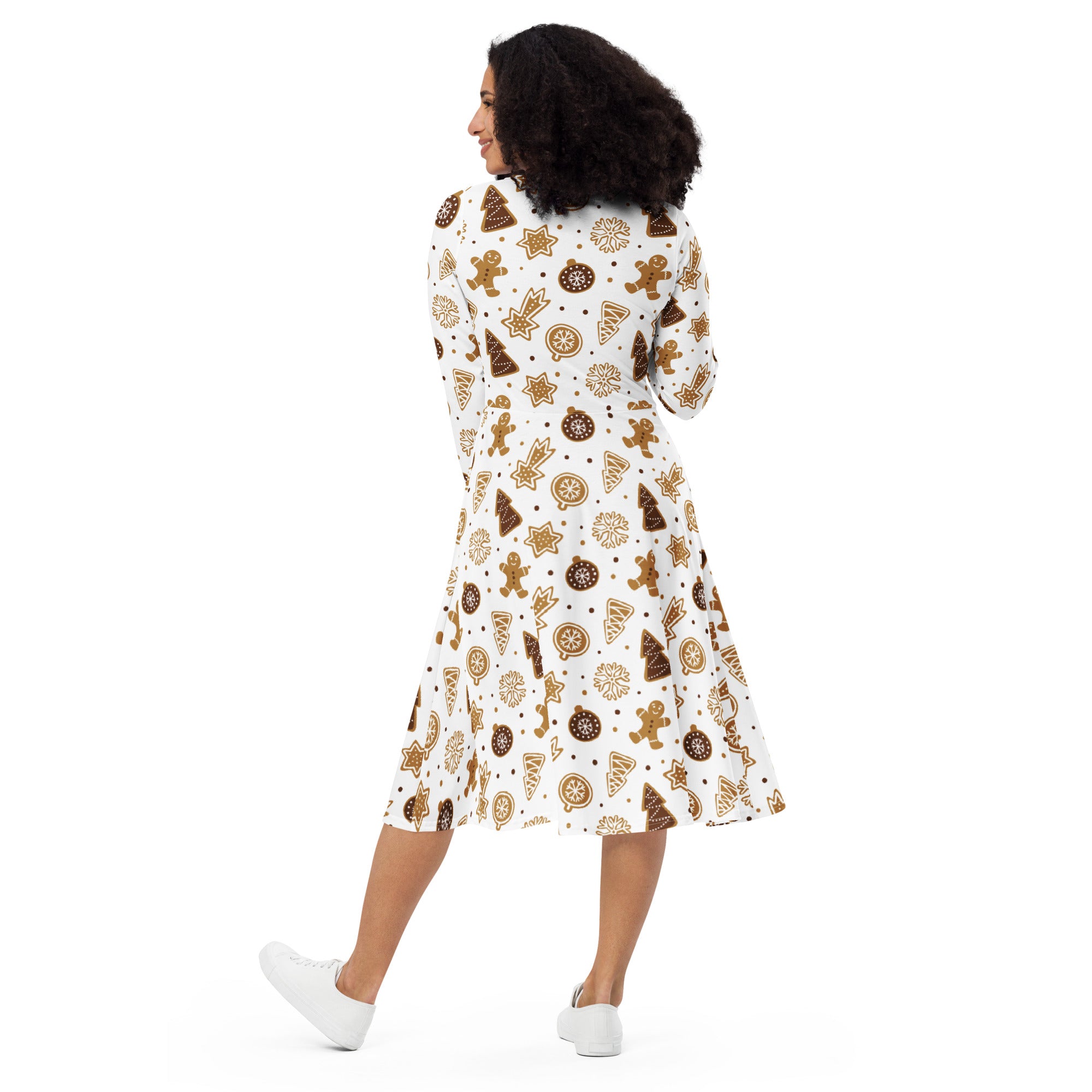 Women’s white long sleeve midi dress with pockets featuring festive brown gingerbread men and holiday cookie pattern