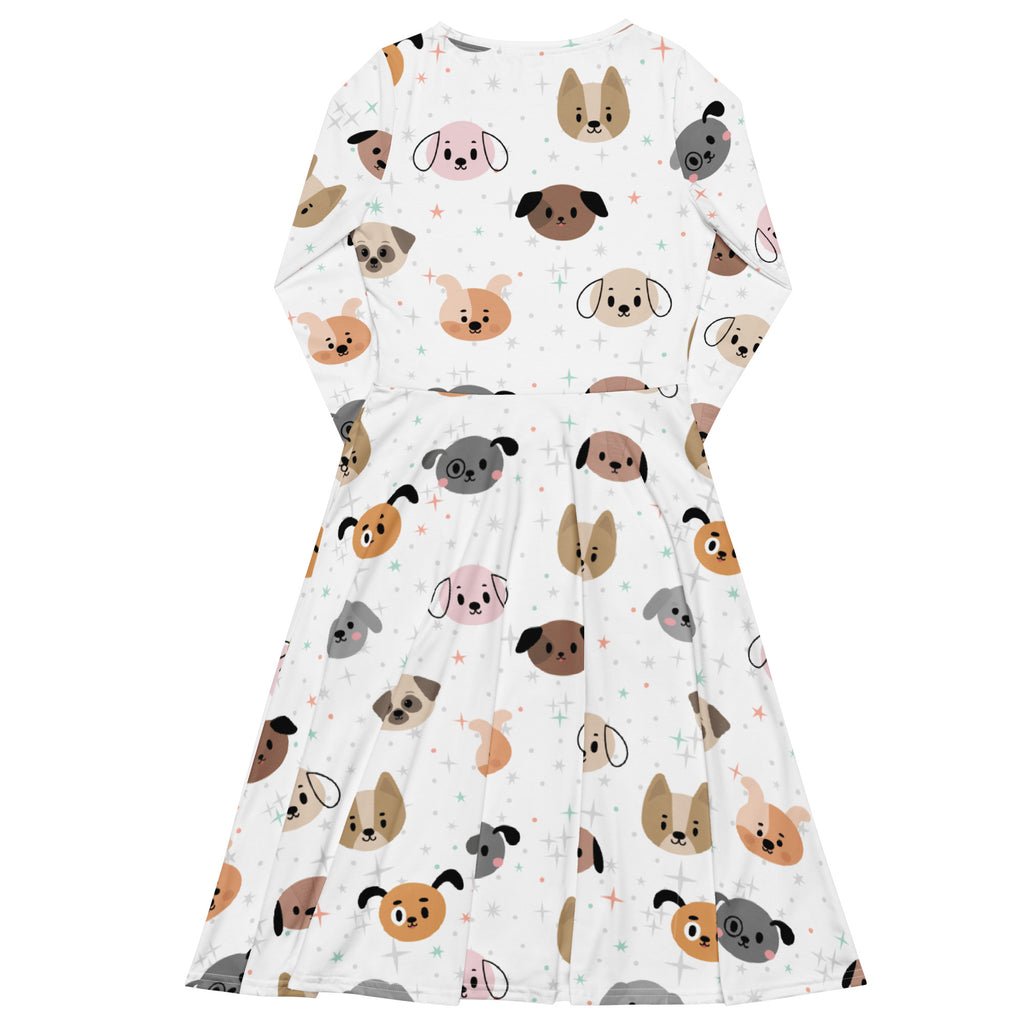 Women's Dog Face Long Sleeve Midi Dress With Pockets