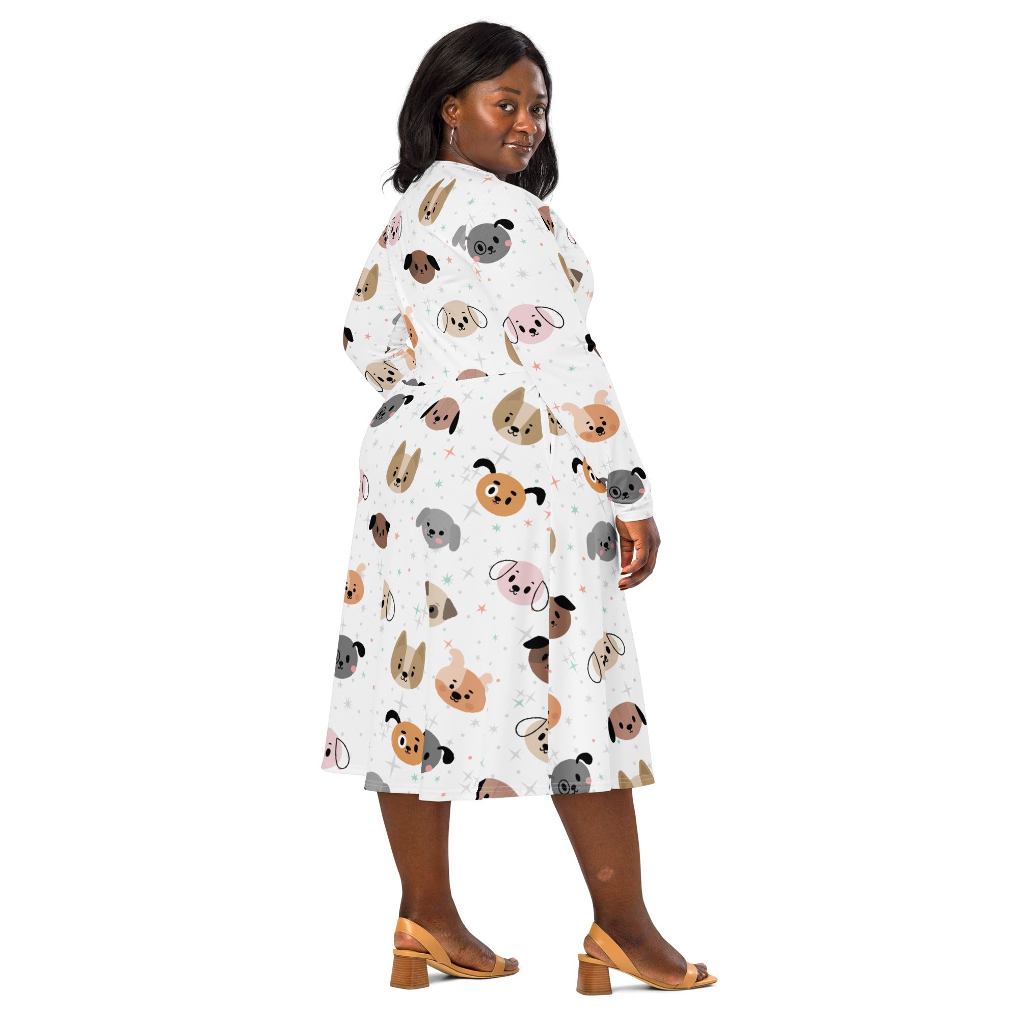 Women's Dog Face Long Sleeve Midi Dress With Pockets