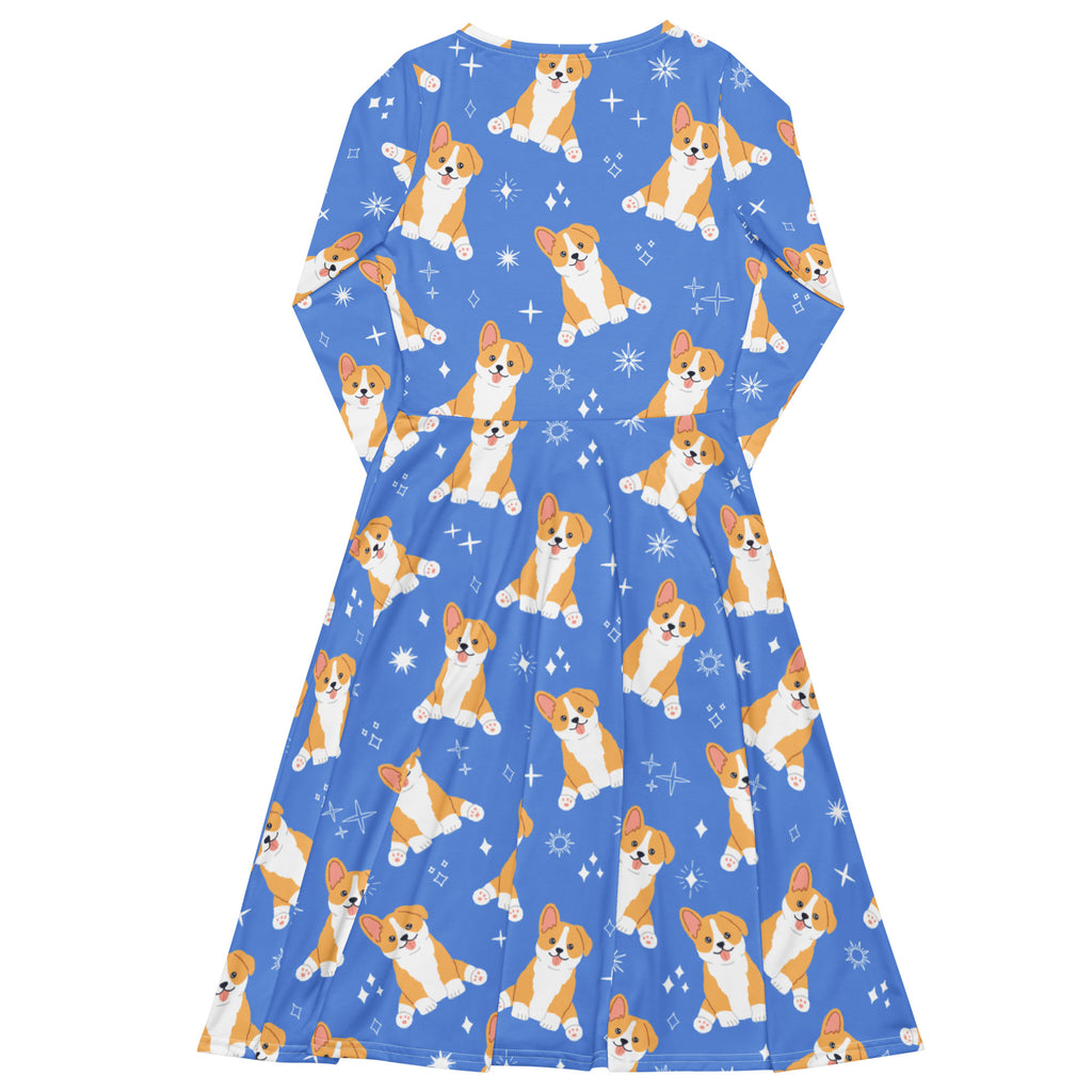 Women's Blue Corgi Dog Long Sleeve Midi Dress With Pockets