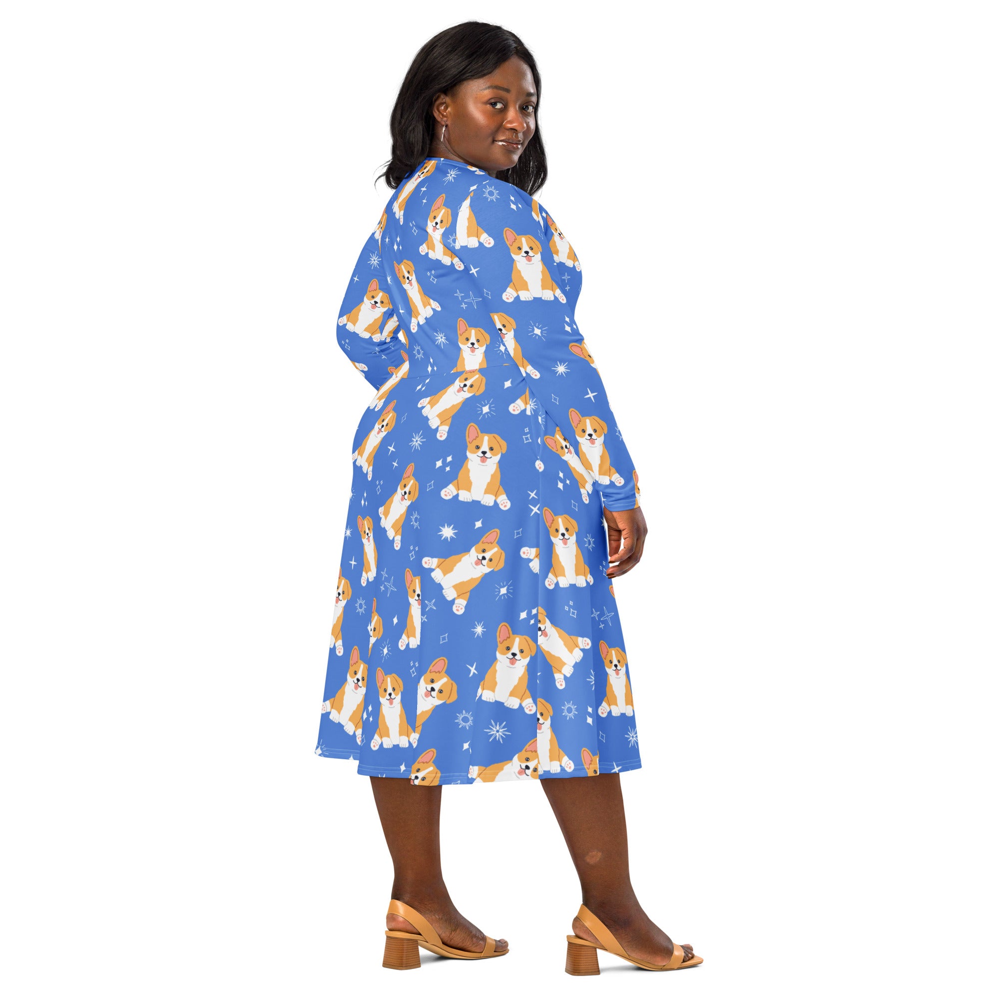 Women's Blue Corgi Dog Long Sleeve Midi Dress With Pockets