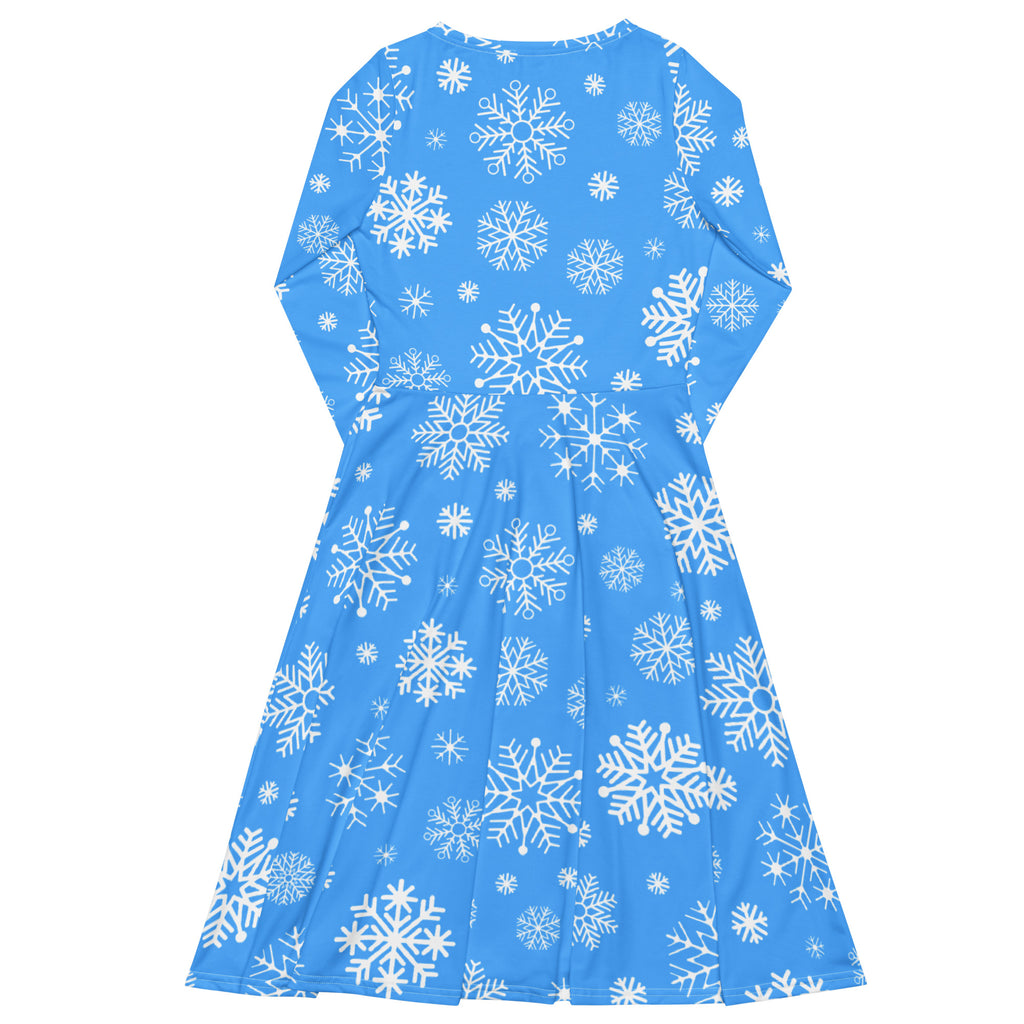 Women’s blue long sleeve midi dress with white snowflake pattern and pockets perfect for winter wear
