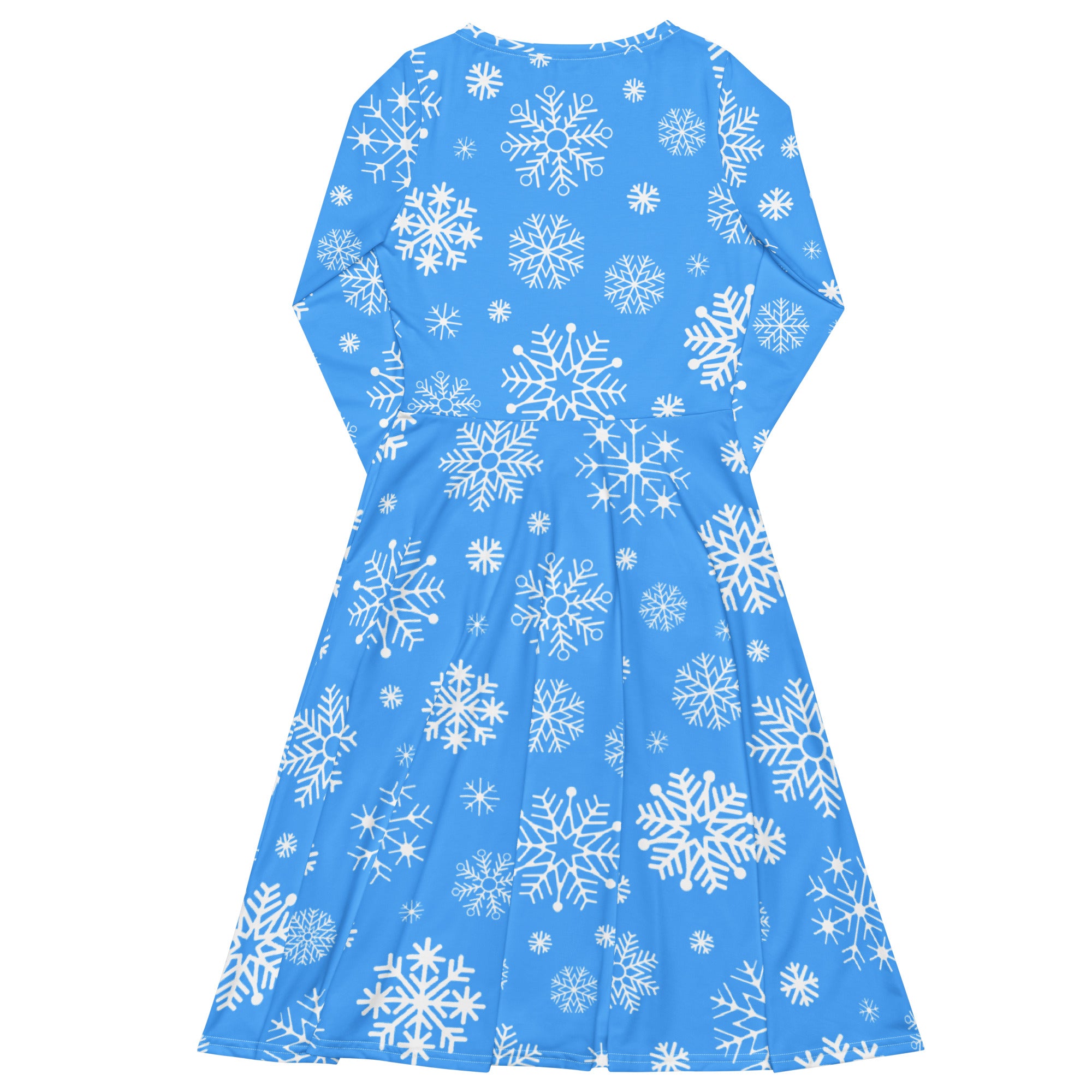 Women’s blue long sleeve midi dress with white snowflake pattern and pockets perfect for winter wear