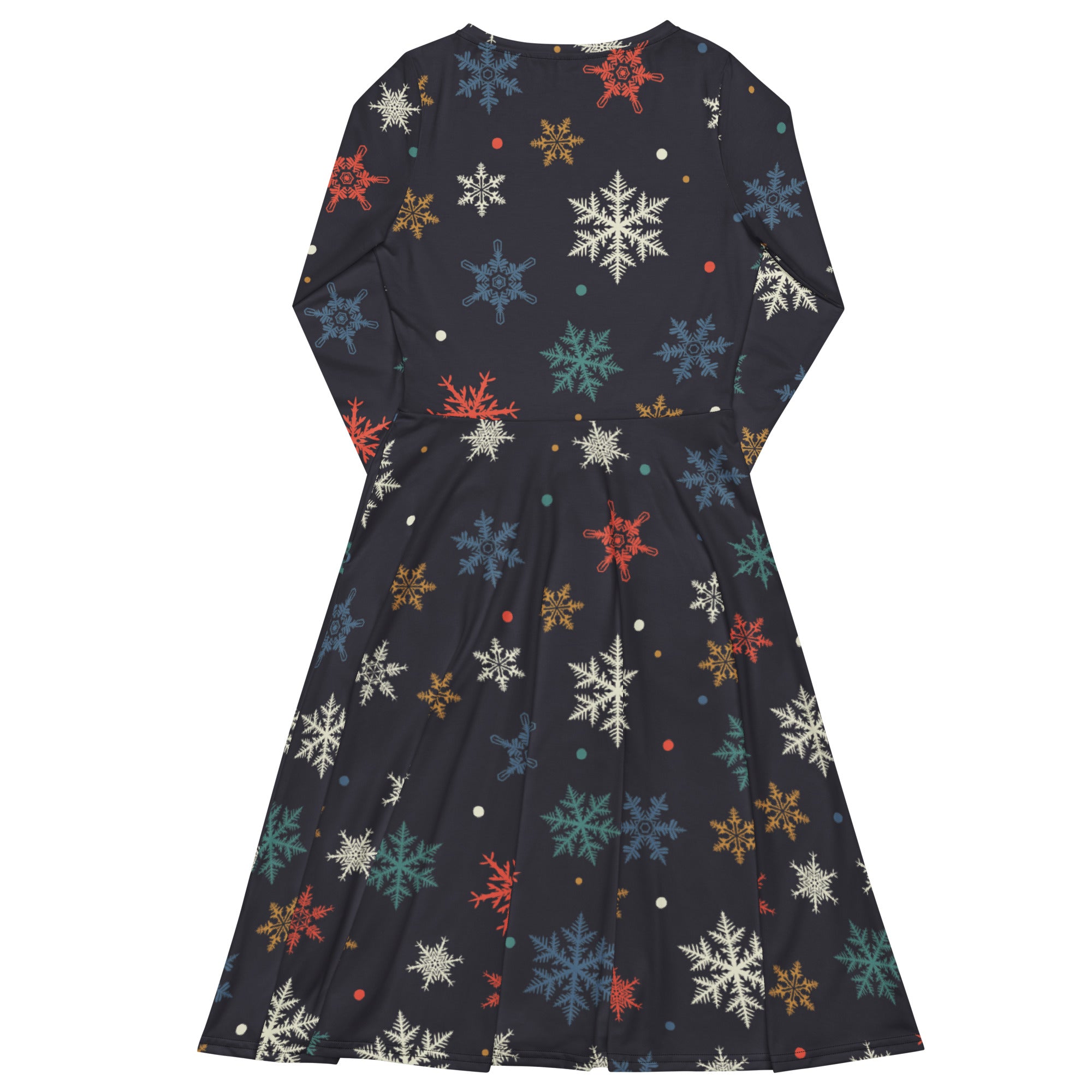 Women’s dark navy long sleeve midi dress with colorful snowflake pattern and pockets perfect for festive occasions