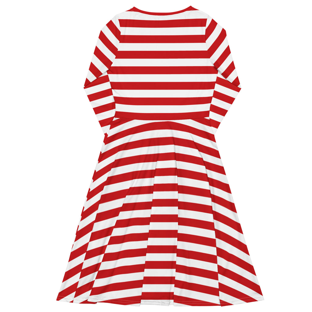 Women’s red and white striped long sleeve midi dress with fitted bodice flared skirt and pockets perfect for casual wear