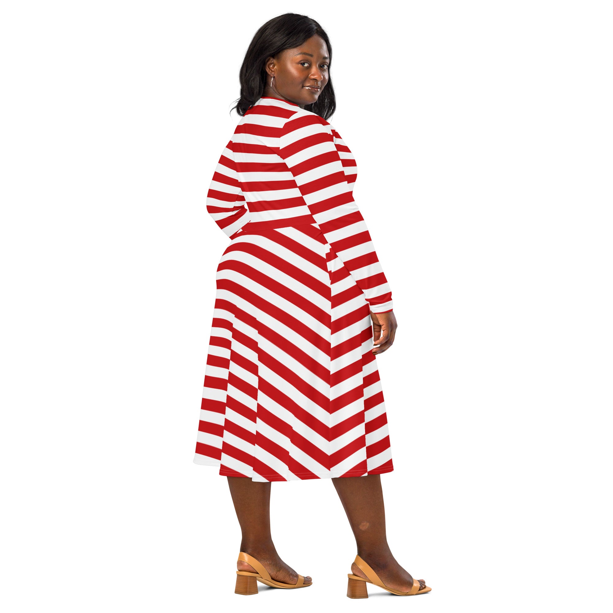 A plus-size woman wearing a women’s red and white striped long sleeve midi wrap dress with pockets