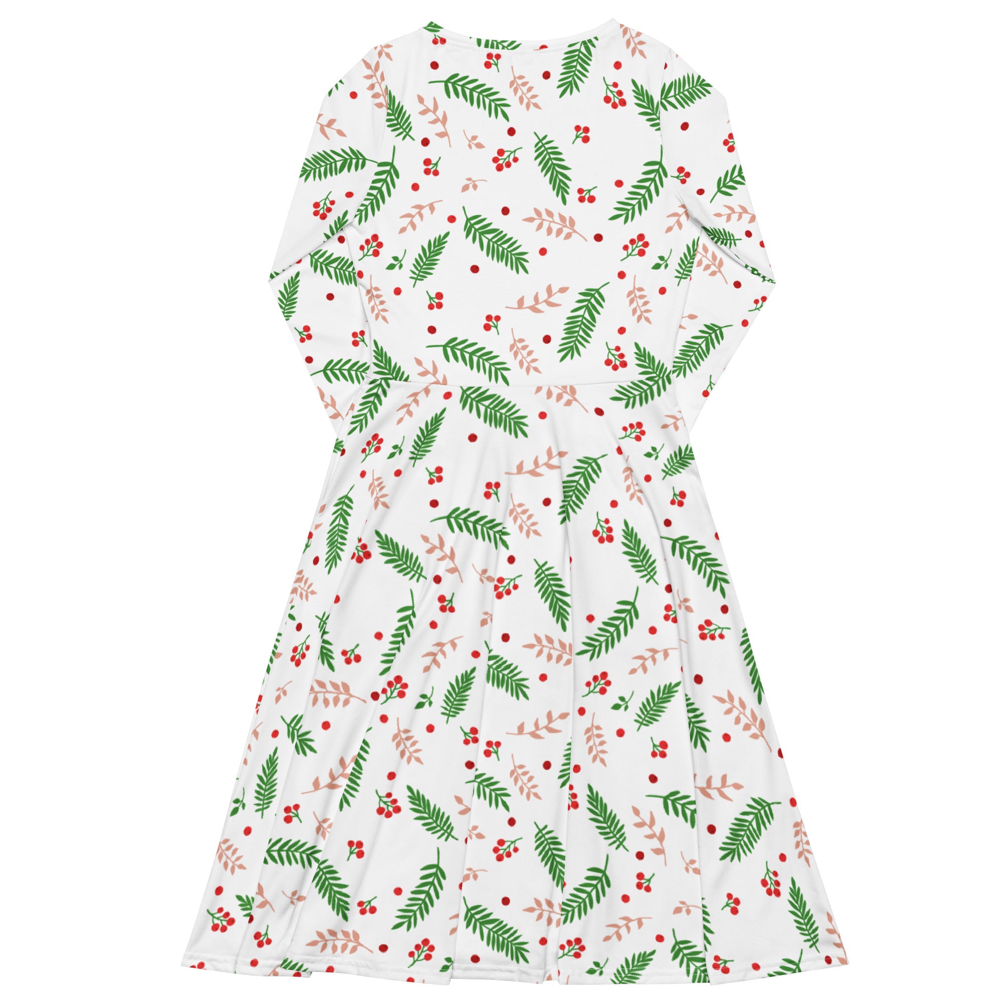 White women’s Christmas holly long sleeve midi dress with pockets featuring green leaves and red berries pattern