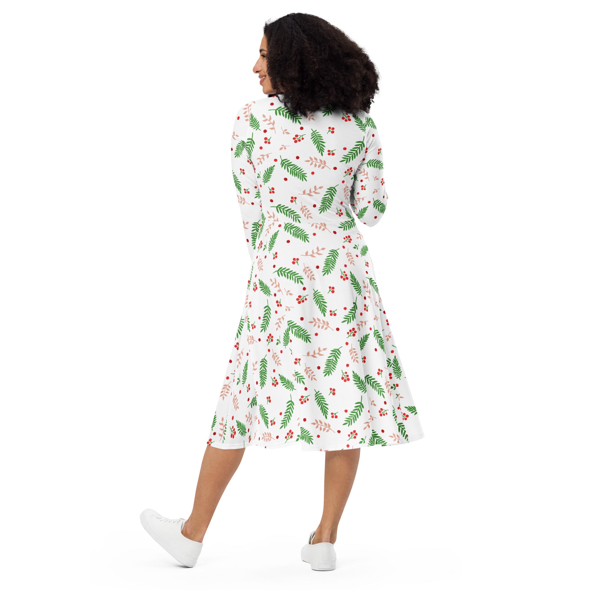 White midi dress with green fern and red berry pattern long sleeves flared skirt and pockets for christmas wear