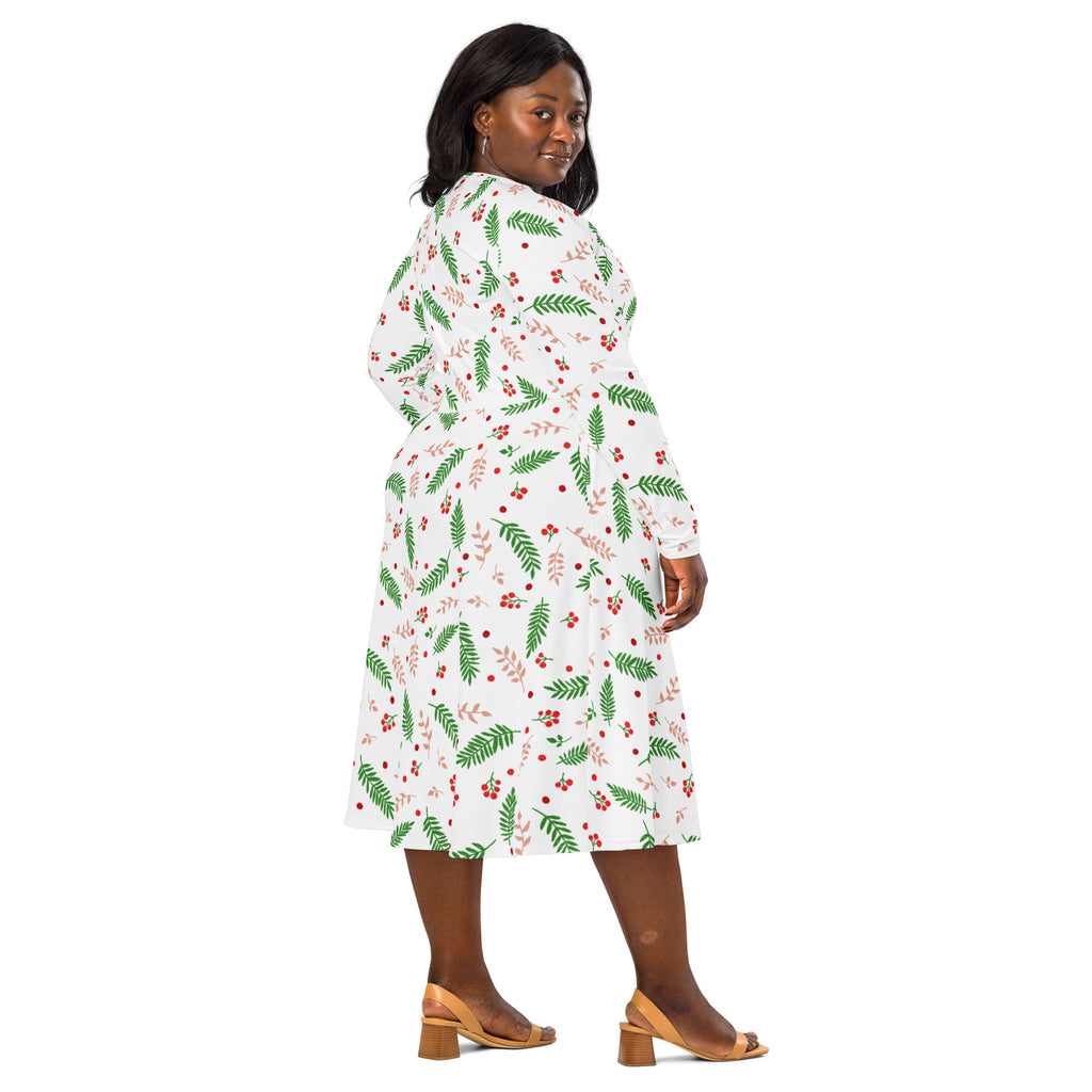 Women’s christmas holly long sleeve midi dress with pockets in white featuring green fern leaves and red berries wrap design