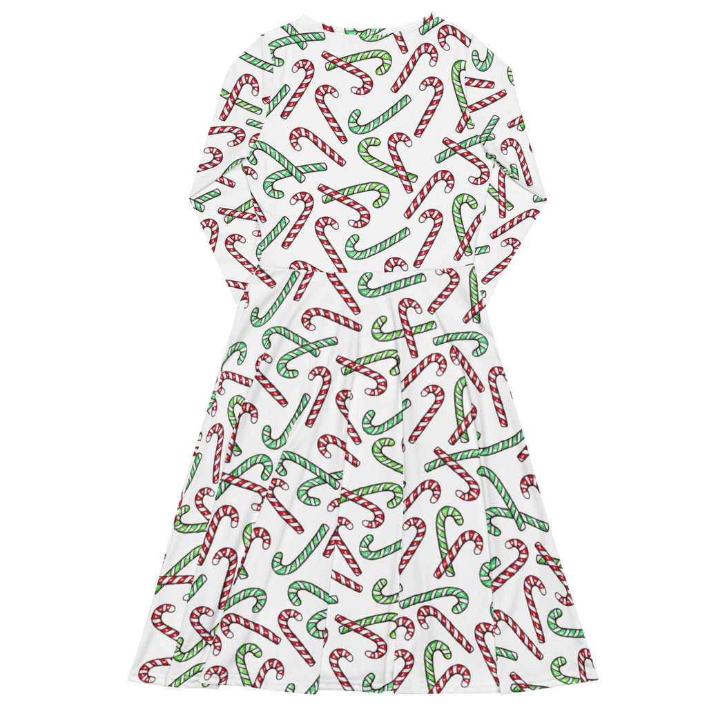 Women's Red & Green Candy Cane Christmas Long Sleeve Midi Dress With Pockets